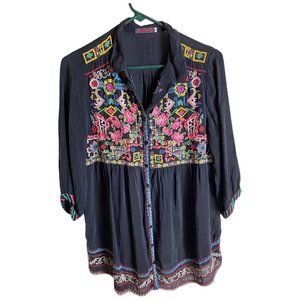 Johnny Was Embroidered Top Festival Bib Top Womens S Black Colorful Embroidery